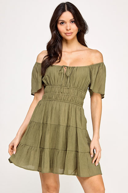 Solid Open Back Tiered Mini Dress - Olive