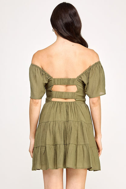 Solid Open Back Tiered Mini Dress - Olive