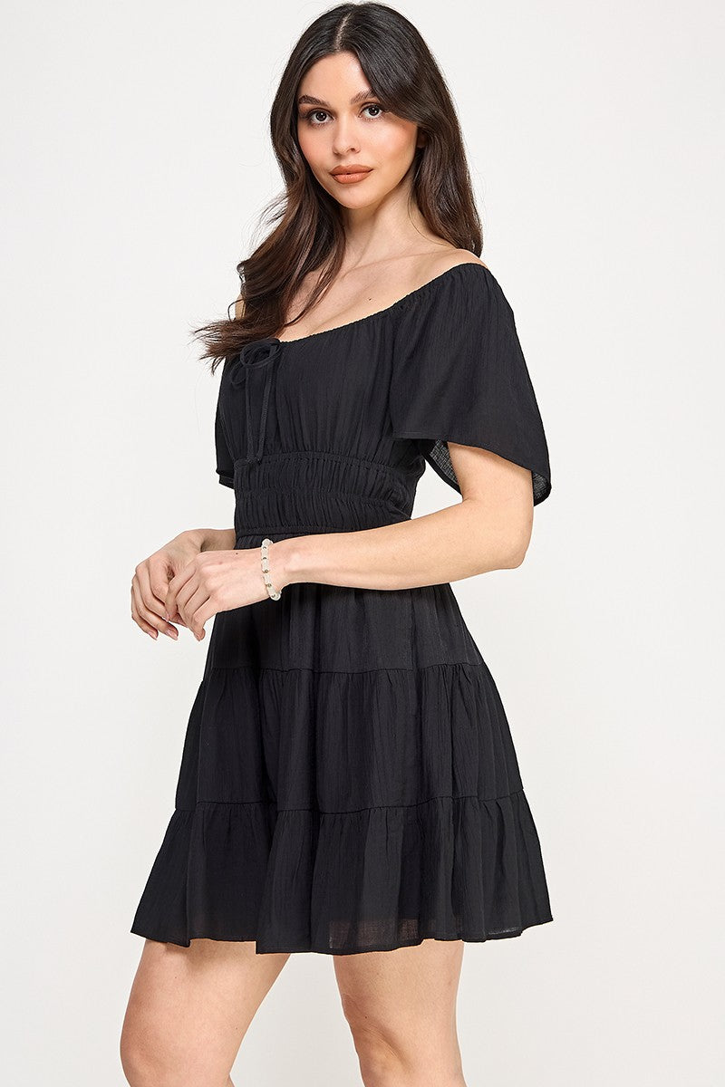 Solid Open Back Tiered Mini Dress - Black