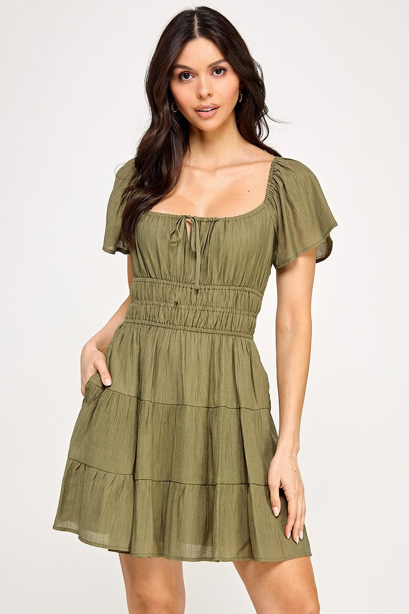 Solid Open Back Tiered Mini Dress - Olive