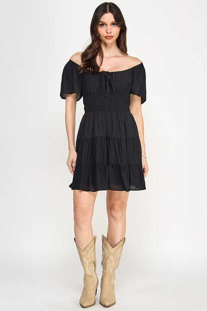 Solid Open Back Tiered Mini Dress - Black