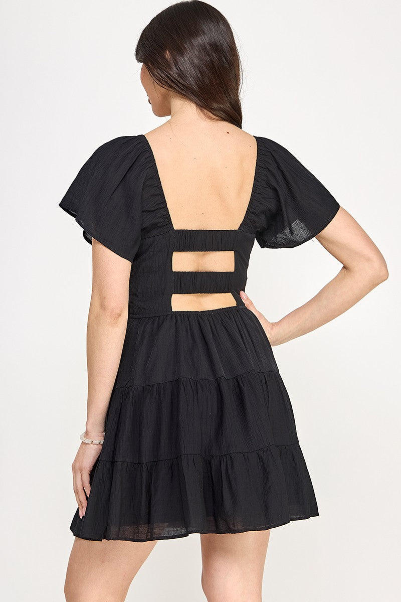 Solid Open Back Tiered Mini Dress - Black