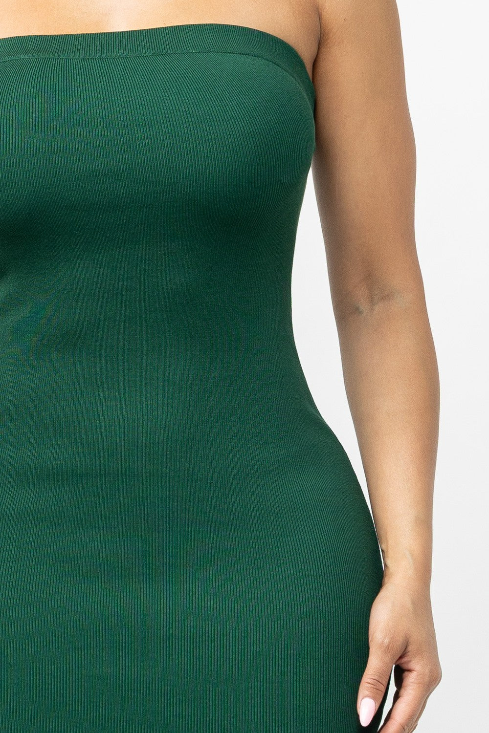 hunter Green strapless dress on a white background