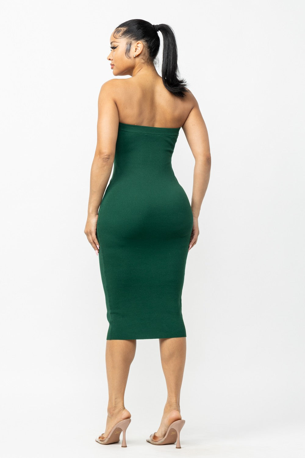 hunter Green strapless dress worn by a model on a white background