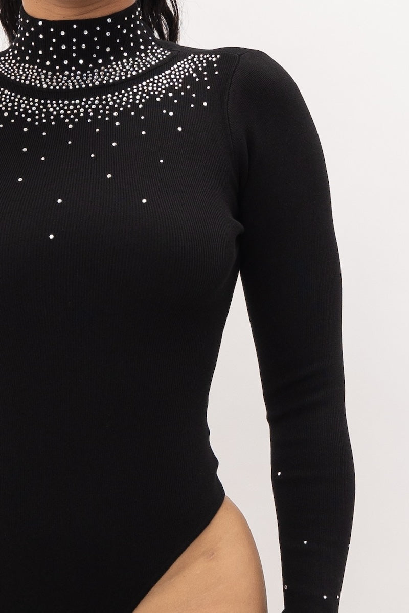 Mock Neck Diamond Stone Long Sleeve Bodysuit -Black