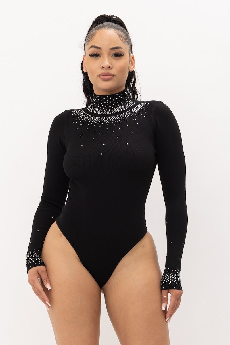 Mock Neck Diamond Stone Long Sleeve Bodysuit -Black