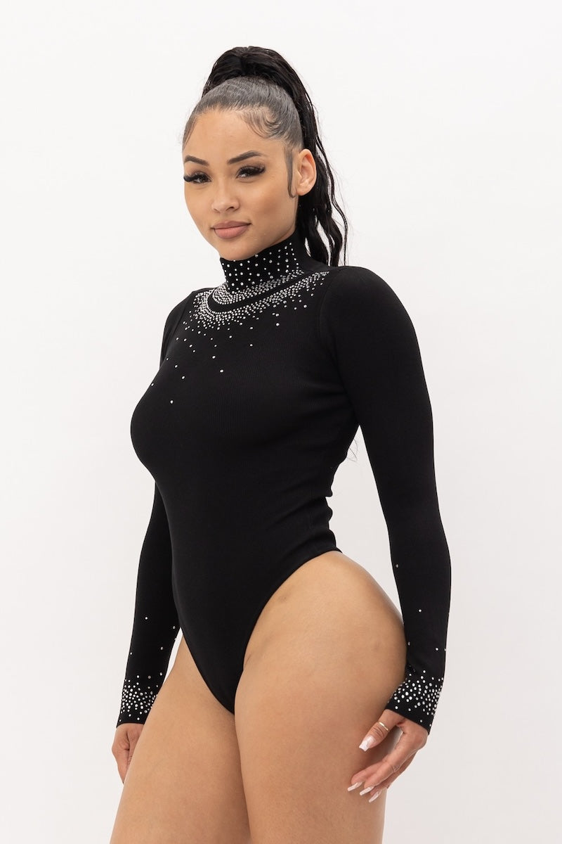 Mock Neck Diamond Stone Long Sleeve Bodysuit -Black