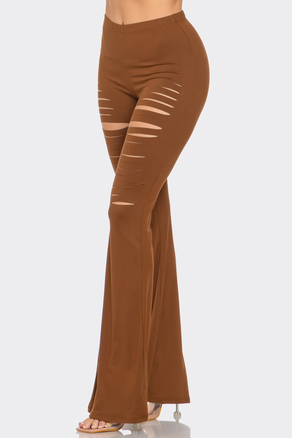 Brown high-waisted pants with cut-out design on a white background