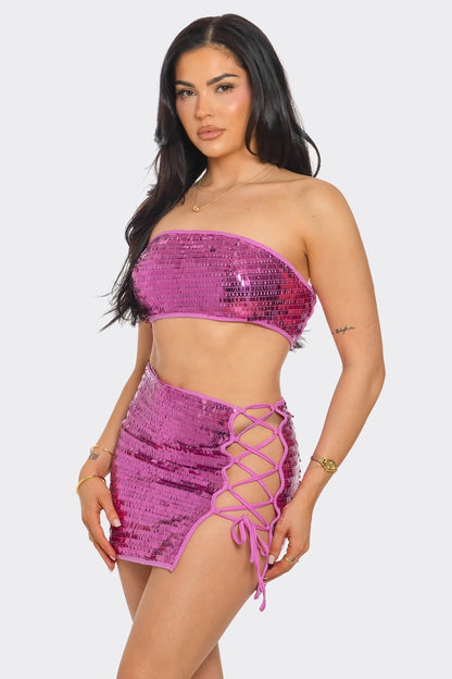 Sequined Two Piece Skirt Set - Pink