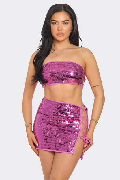 Sequined Two Piece Skirt Set - Pink