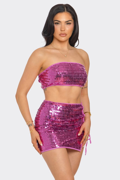 Sequined Two Piece Skirt Set - Pink