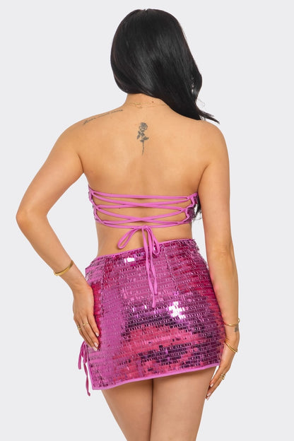 Sequined Two Piece Skirt Set - Pink