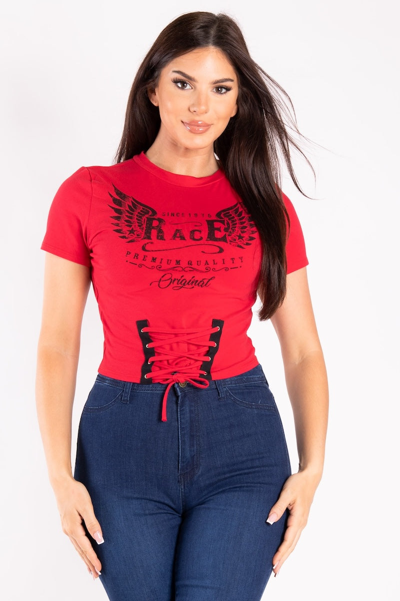 Round Neck Short Sleeve Lace Up Detail Graphic Top