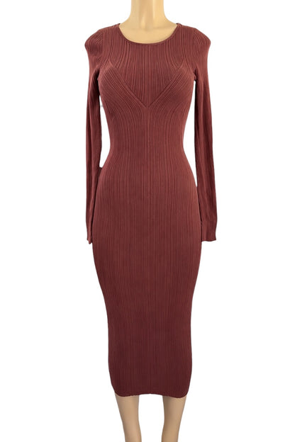 Brown ribbed dress on a mannequin against a white background
