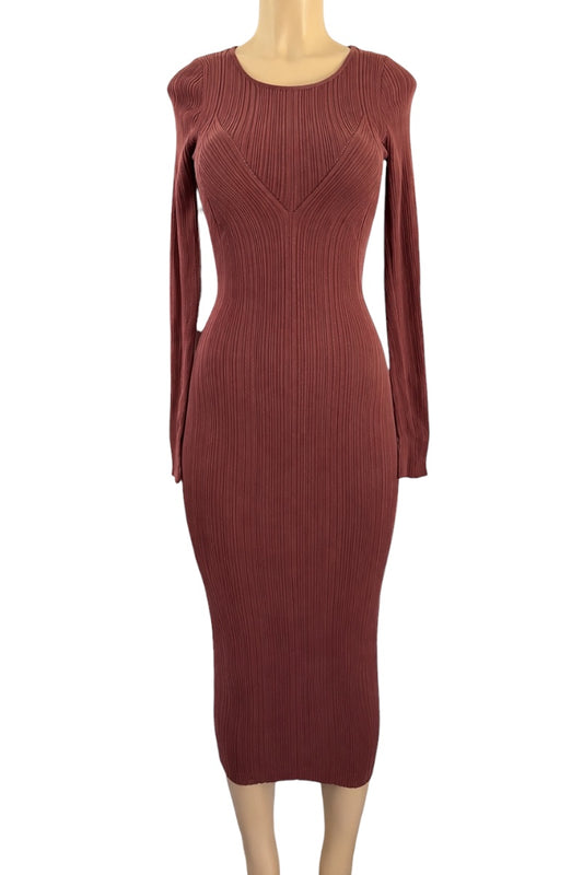 Brown ribbed dress on a mannequin against a white background