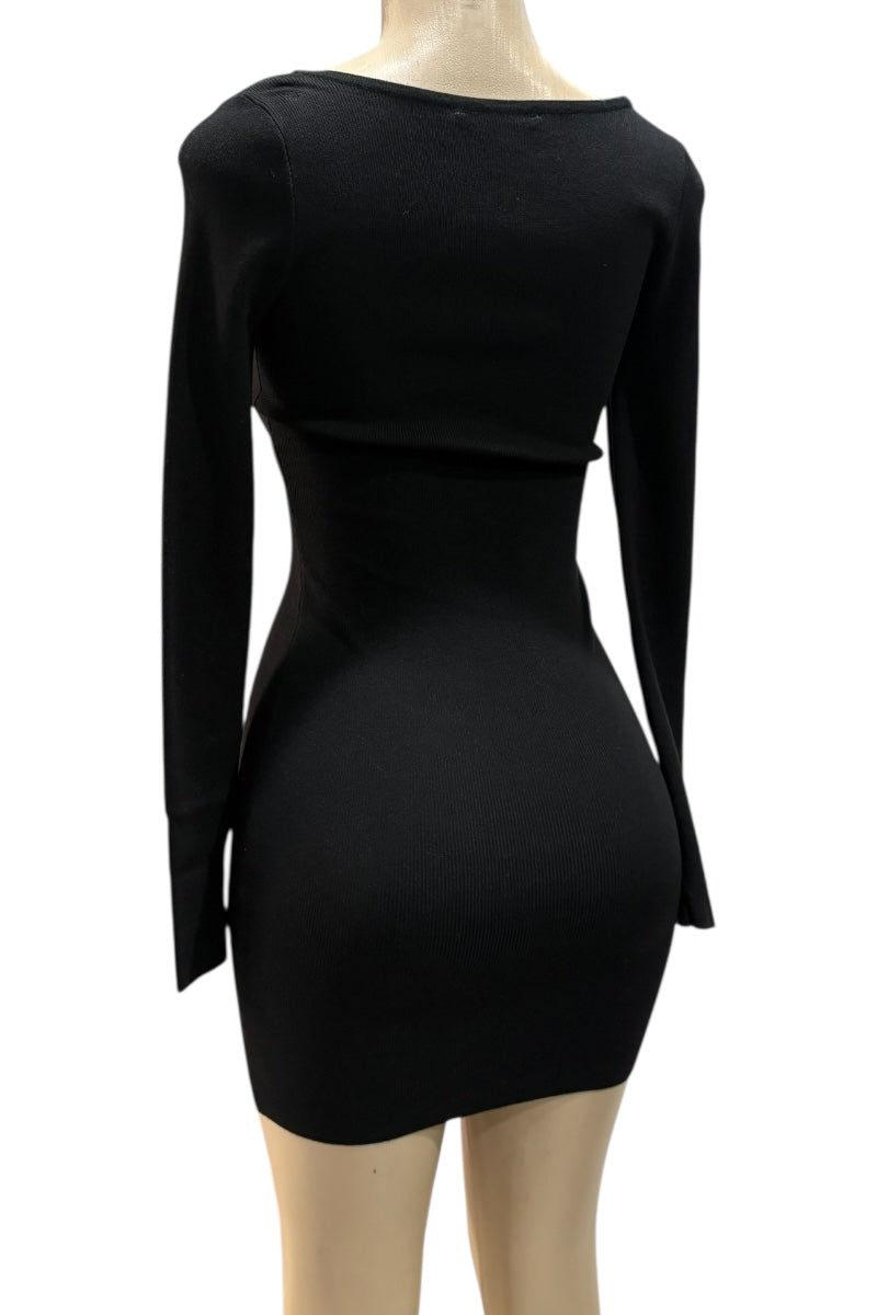 Black long-sleeve dress on a mannequin against a white background