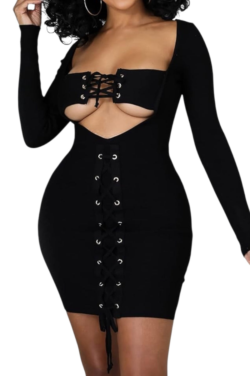 Black long-sleeve dress with lace-up details on a white background