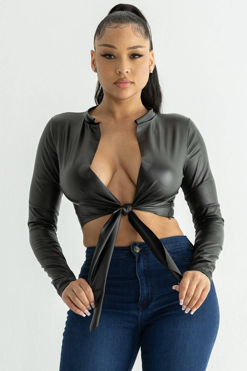 Pu Long Sleeve Tie Front Top