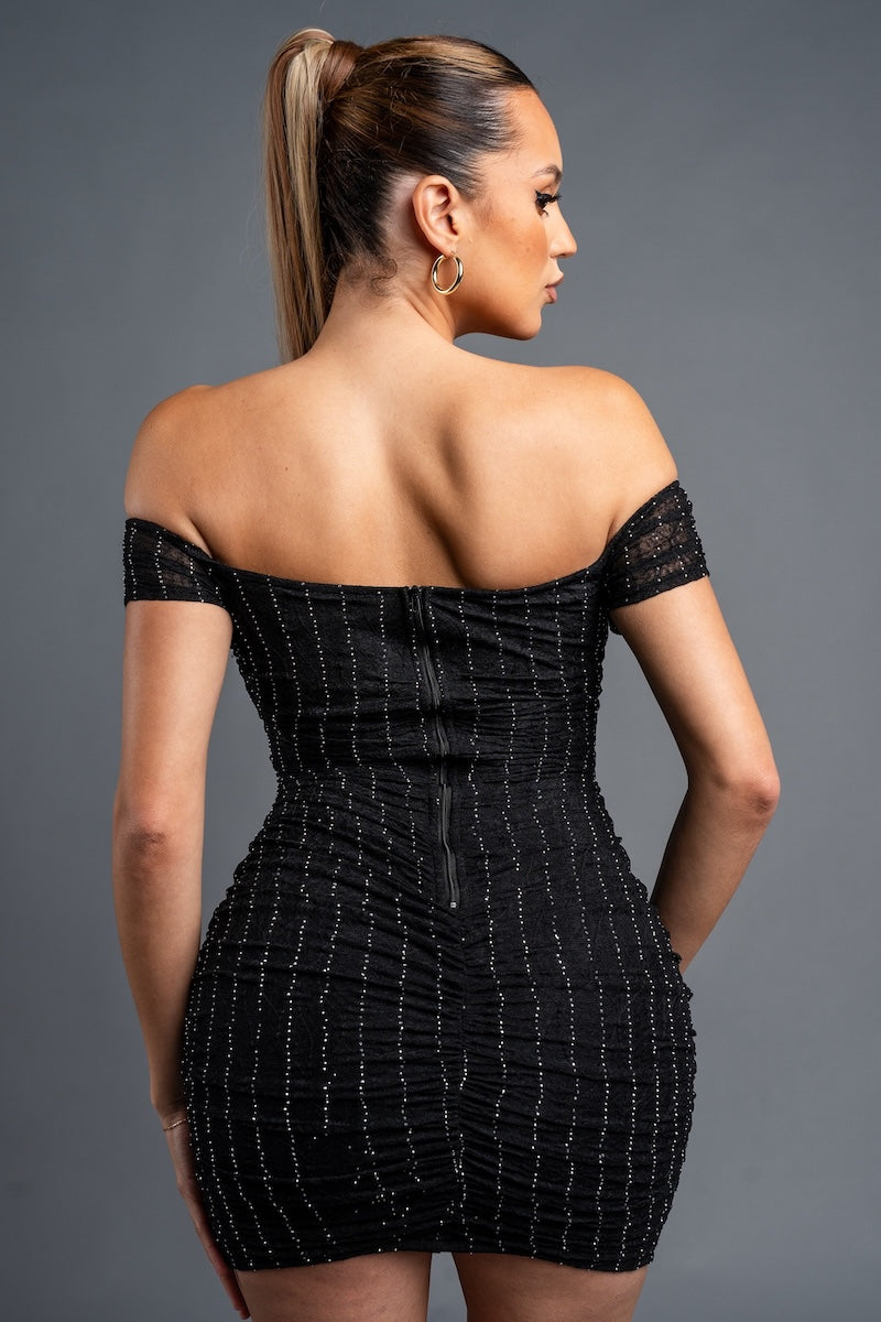 Luxe Metallic Keyhole Off Shoulder Mini Dress - Black