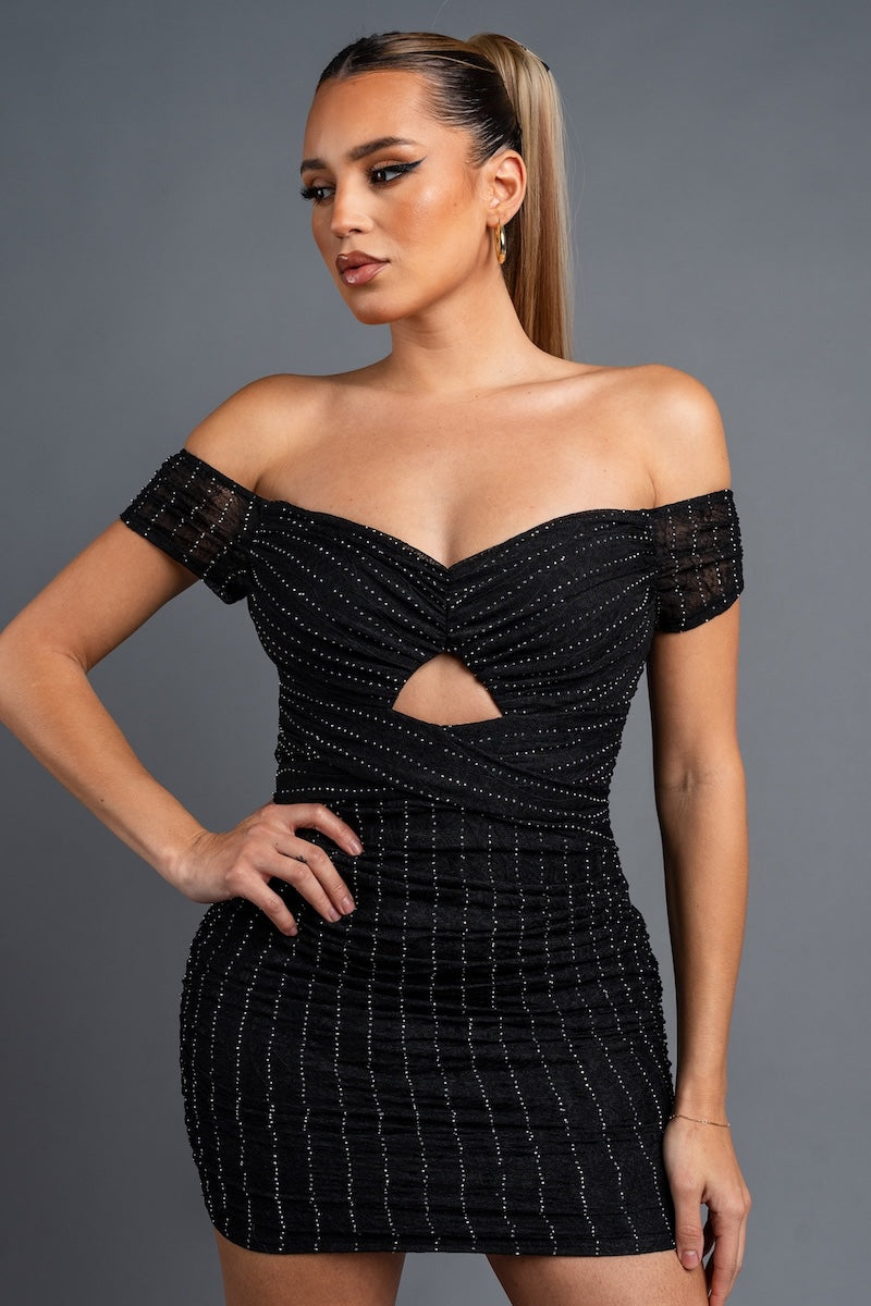Luxe Metallic Keyhole Off Shoulder Mini Dress - Black