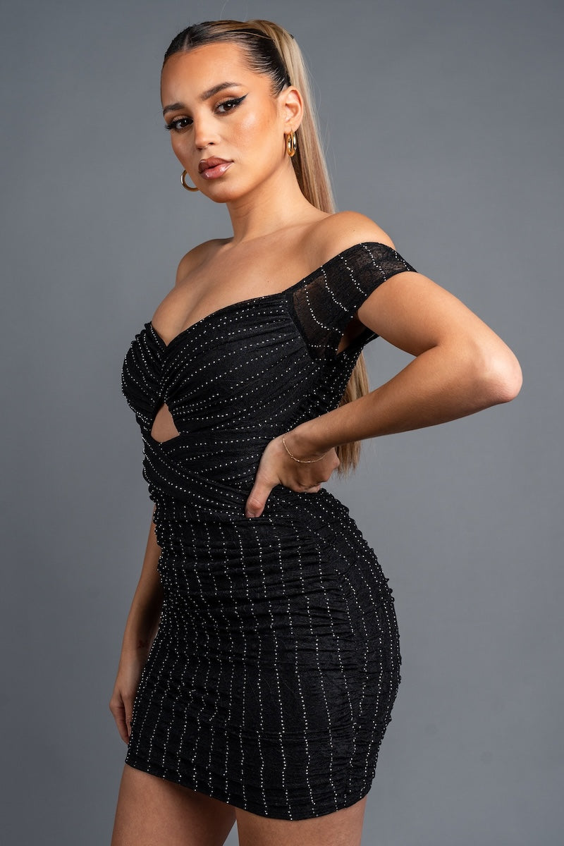 Luxe Metallic Keyhole Off Shoulder Mini Dress - Black
