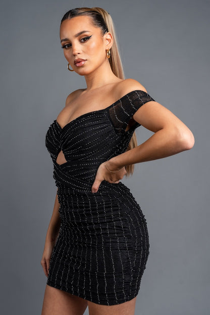 Luxe Metallic Keyhole Off Shoulder Mini Dress - Black