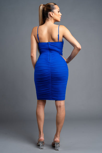 Woman wearing a blue dress against a gray background