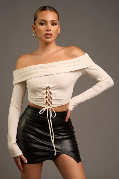 Chic Rib Knit Drawstring Lace Up Off Shoulder Top - Ivory