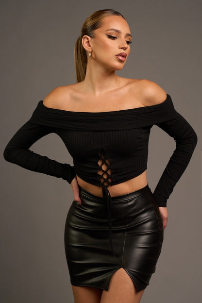 Chic Rib Knit Drawstring Lace Up Off Shoulder Top - Black
