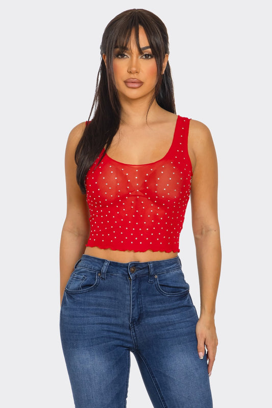 Sleeveless Sheer Mesh Rhinestone Crop Top