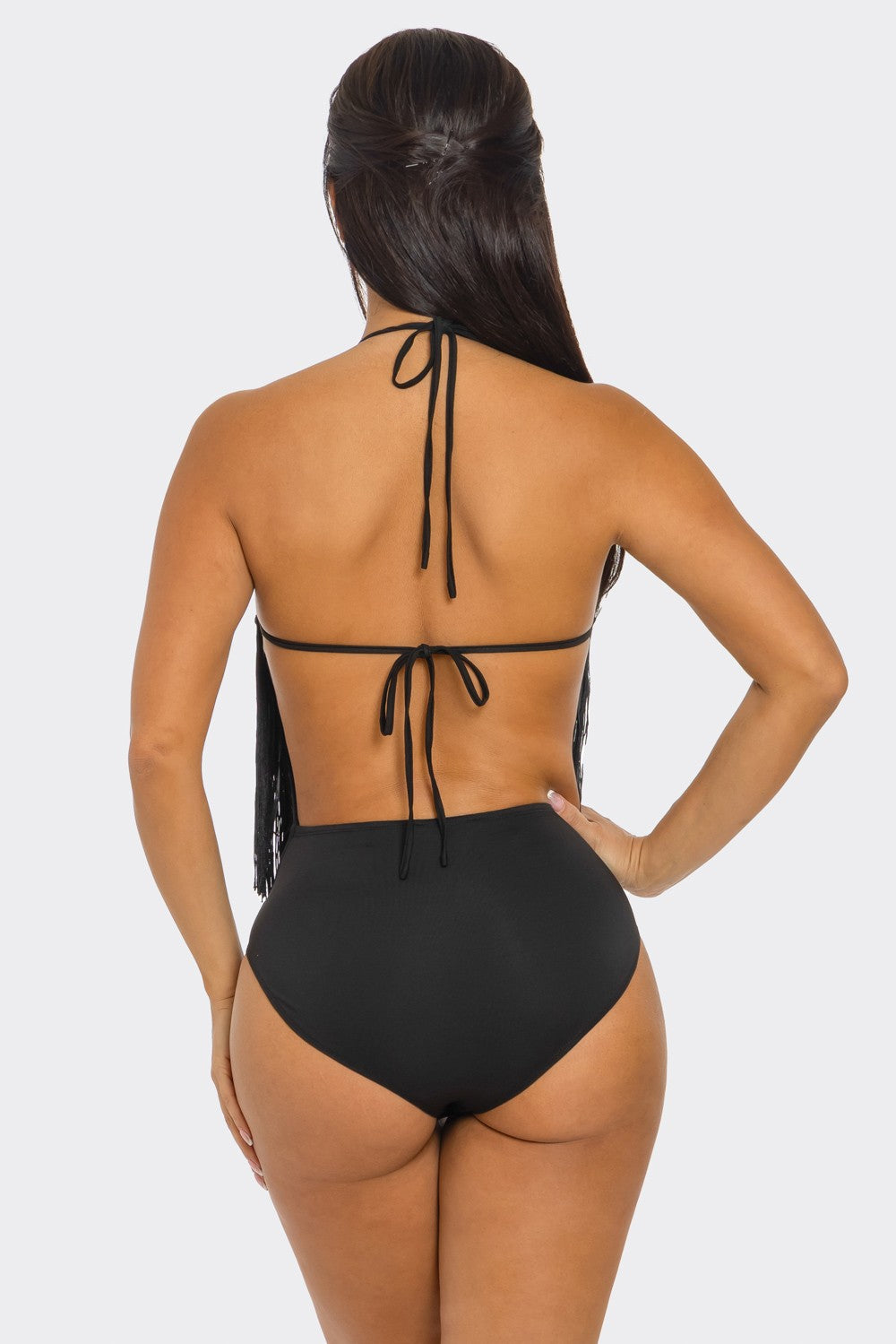 Black halter-style bodysuit worn by a model on a white background