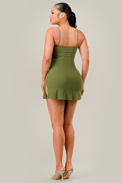 Flared Mini Ruched Cami Dress - Green Moss