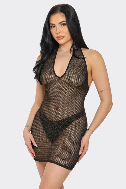 Lurex Fishnet Halter Mini Dress