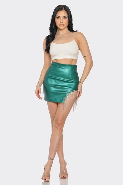Metallic Pu Mini Skirt With Rhinestone Detail