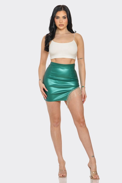 Metallic Pu Mini Skirt With Rhinestone Detail