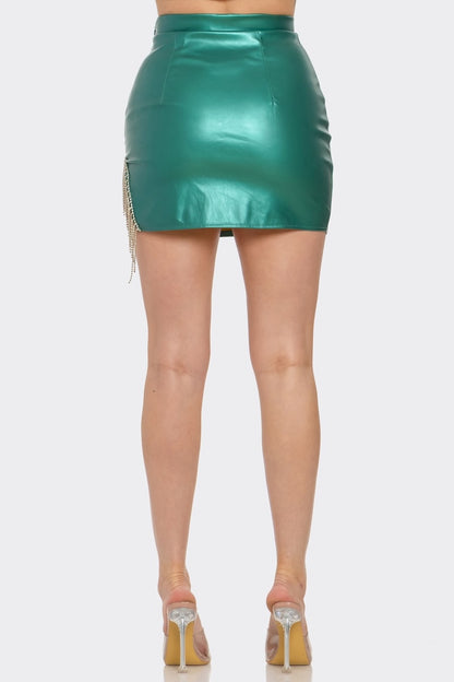 Metallic Pu Mini Skirt With Rhinestone Detail