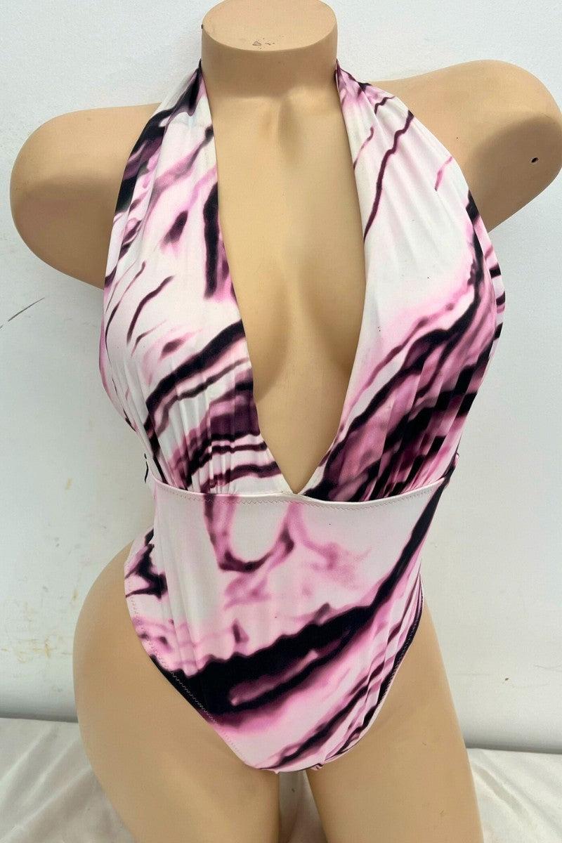 Marble Tie Die Deep Halter Neck Swimsuit-open