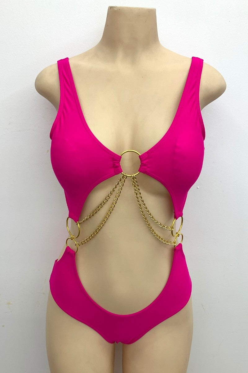 Gold Chain Detail Cutout Swimsuit - Pink