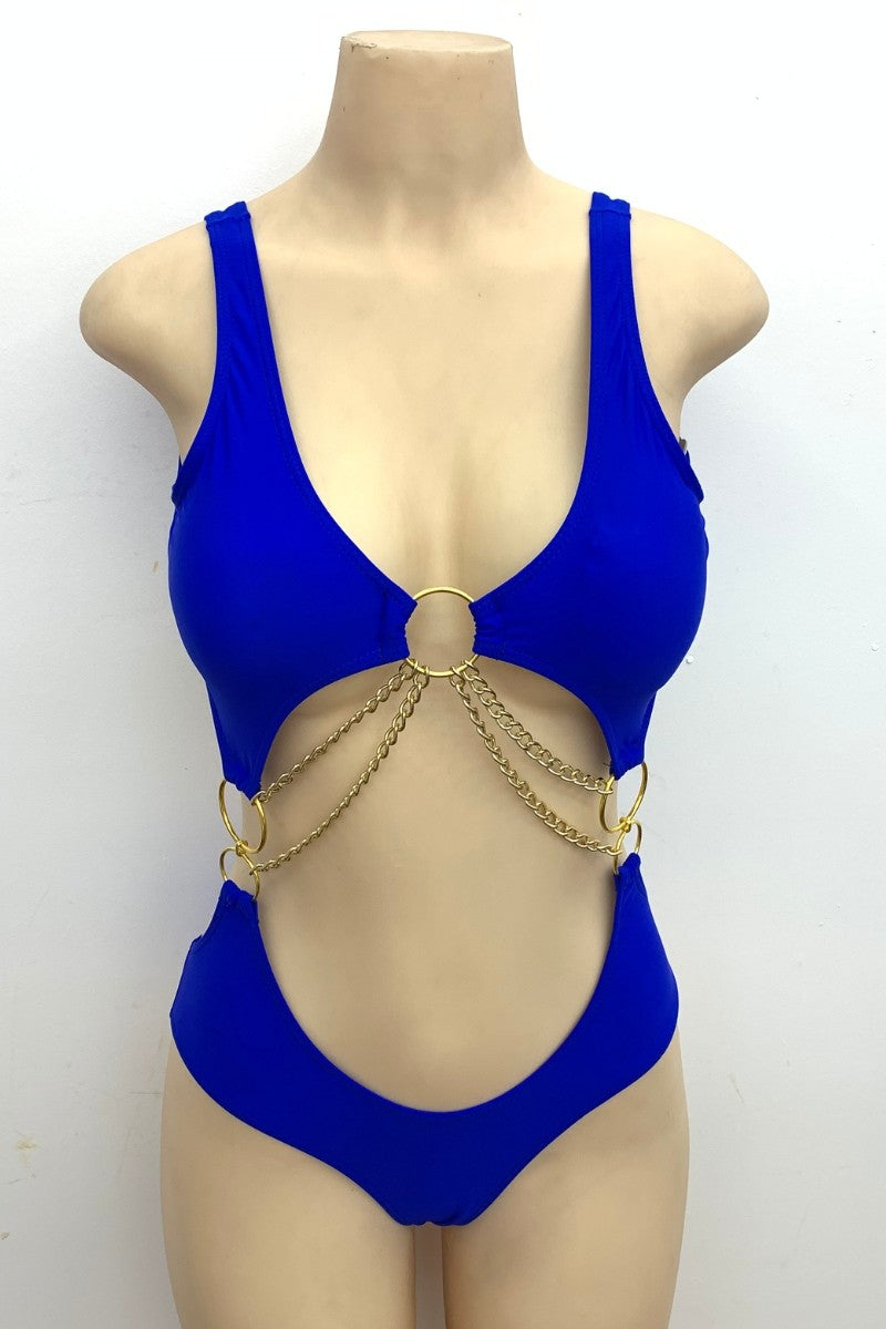 Gold Chain Detail Cutout Swimsuit - Blue