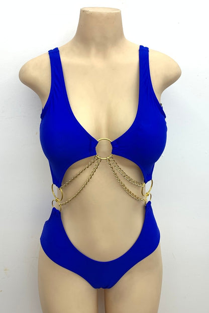 Gold Chain Detail Cutout Swimsuit - Blue