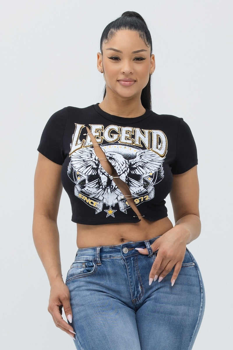 Grunge Pinned Slit Graphic Cotton Top - Black