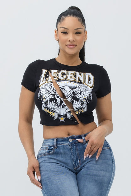 Grunge Pinned Slit Graphic Cotton Top - Black