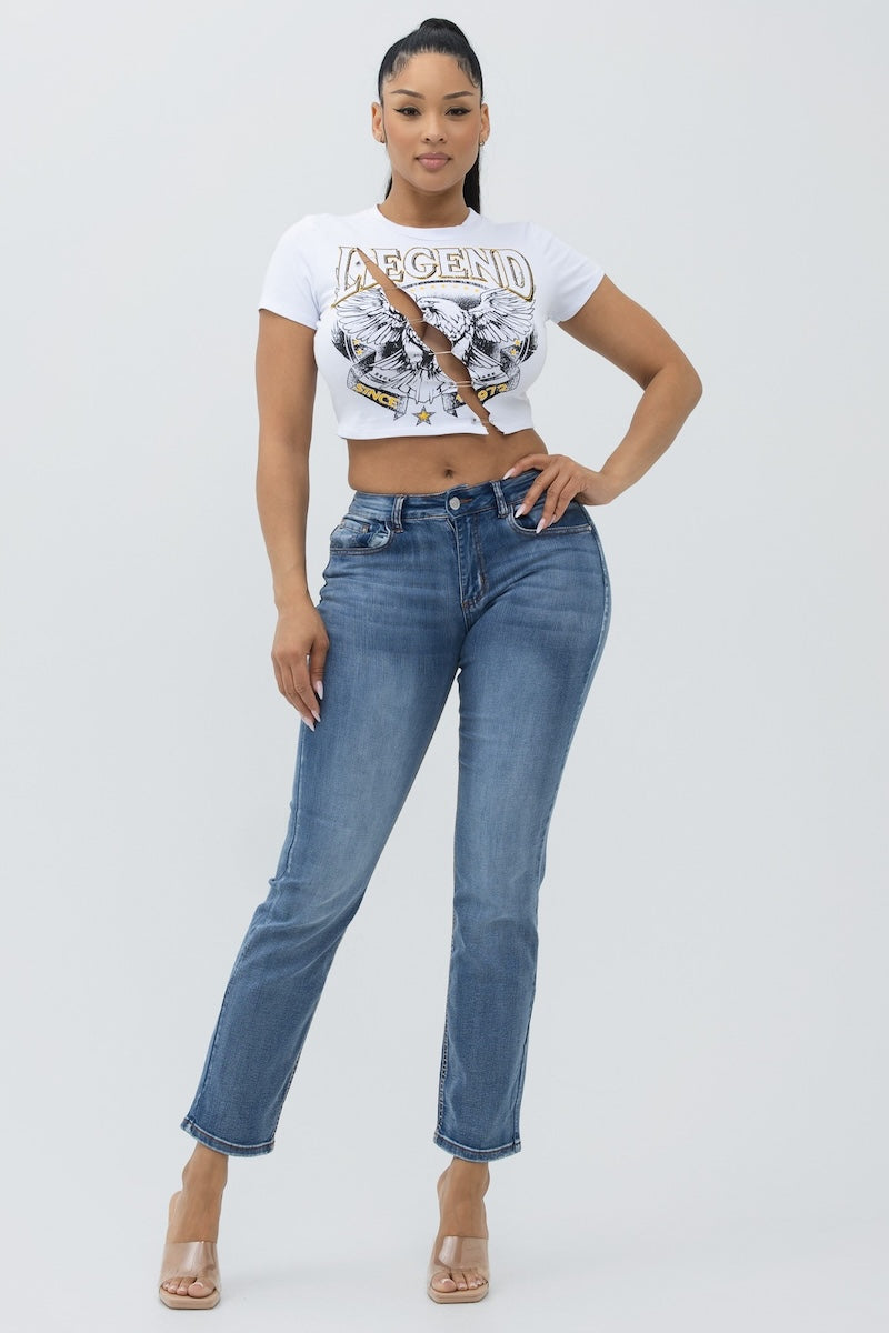 Grunge Pinned Slit Graphic Cotton Top - White