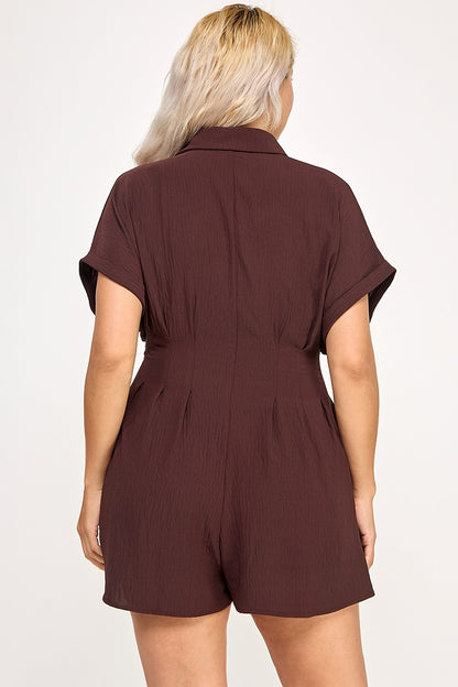 Crinkle Textured Dolman Sleeve Shirt Belted Romper #R4661-1