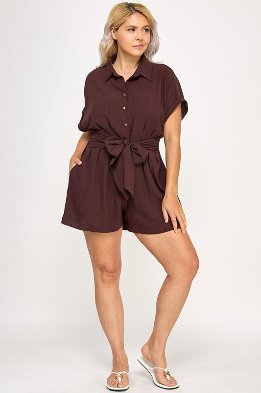 Crinkle Textured Dolman Sleeve Shirt Belted Romper #R4661-1