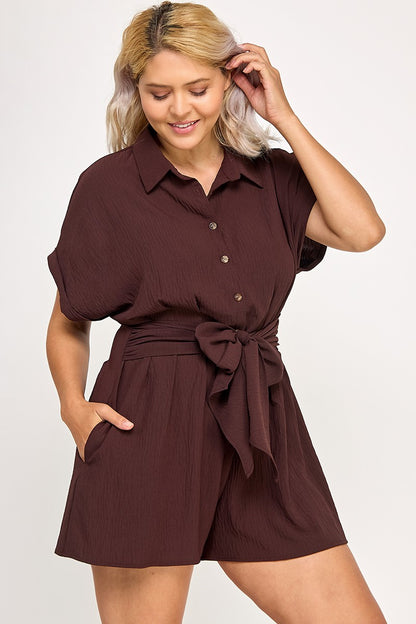 Crinkle Textured Dolman Sleeve Shirt Belted Romper #R4661-1