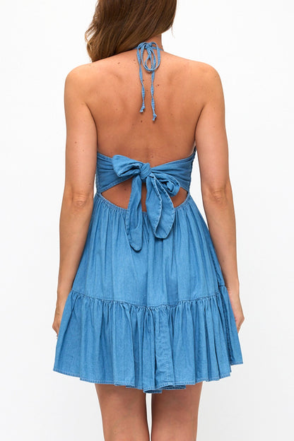 Halter Smocked Babydoll Mini Dress With Back Bow