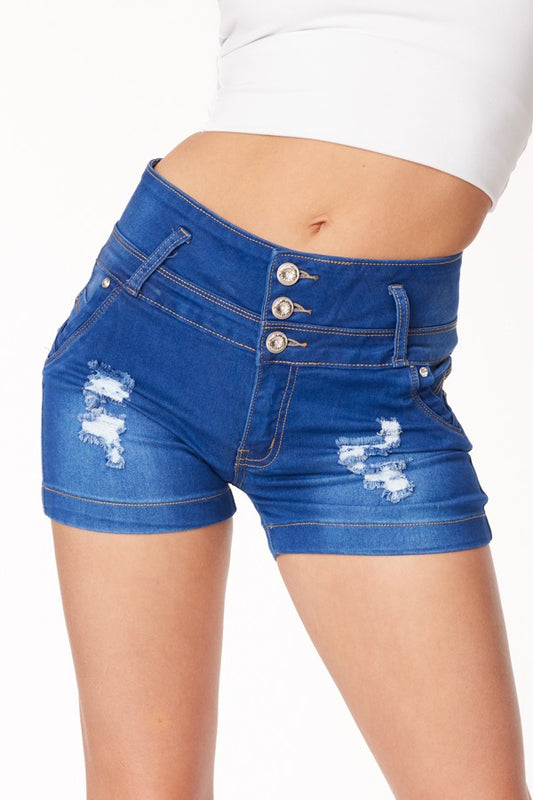 Blue denim shorts with distressed details on a white background