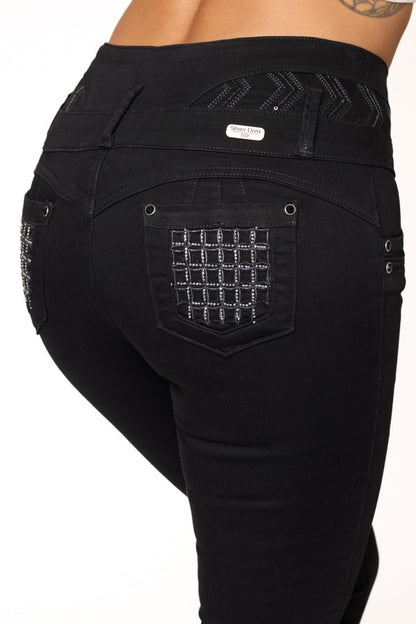 Black pants with decorative stitching and pocket design on a white background
