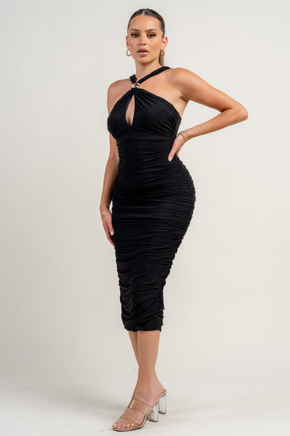 Halter Neck Trim Inset Ruched Bodycon Mini Dress